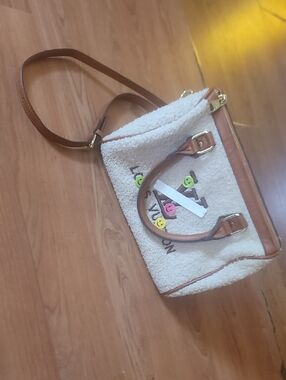 Women's Cream Sherpa Satchel Bag with Brown Trim